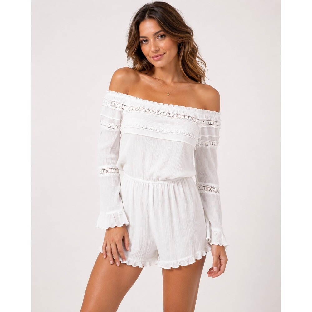White Off Shoulder Romper Women S Crochet Lace Boho Festival Mini Playsuit Rayon